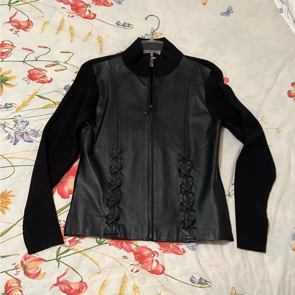 Black leather zip-up sweater